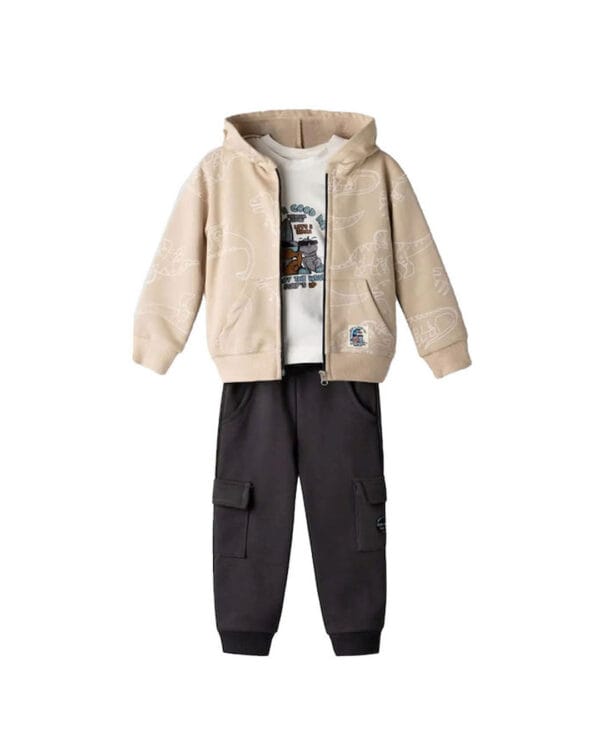 Παιδικό σετ φόρμας αχνούδιαστο μπεζ-ανθρακί με ζακέτα Dino (3τμχ)