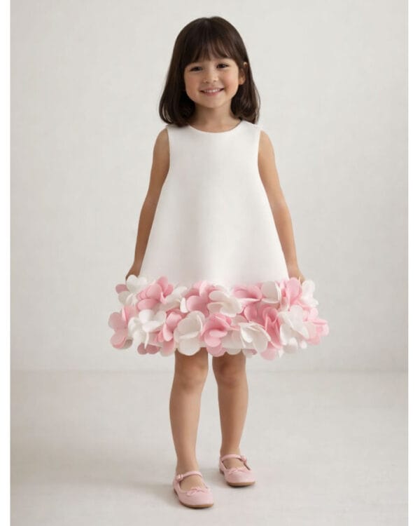Παιδικό φόρεμα λευκό σε Α γραμμή με λουλούδια στο τελείωμα - Image 2