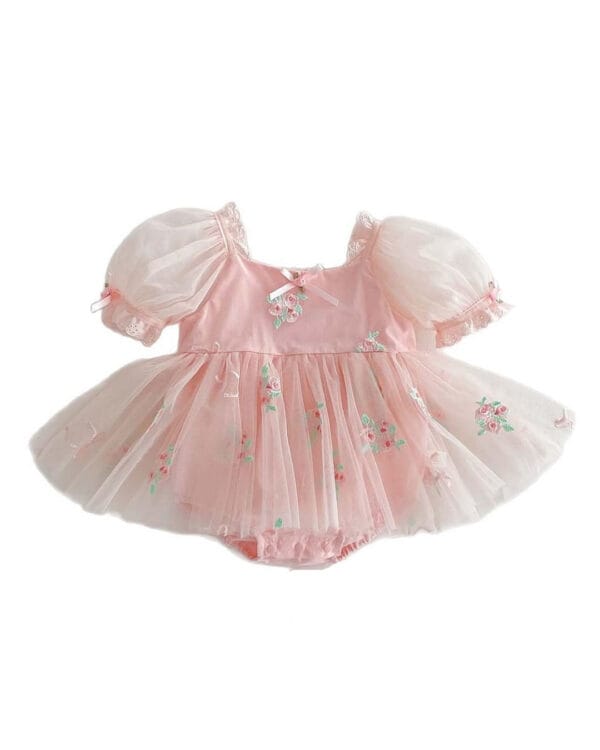 Βρεφικό κορμάκι-φόρεμα ροζ τούλινο με κεντημένα λουλουδάκια