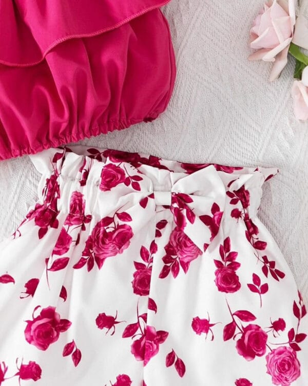 Παιδικό σετ φούξια-λευκό floral με σορτς - Image 2