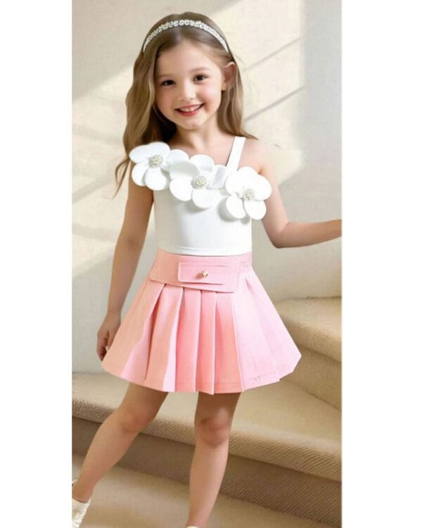 Παιδικό σετ λευκό-ροζ με φούστα - Image 2