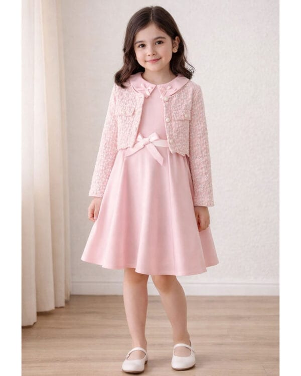 Παιδικό φόρεμα ροζ με ανάγλυφο μπολερό - Image 2