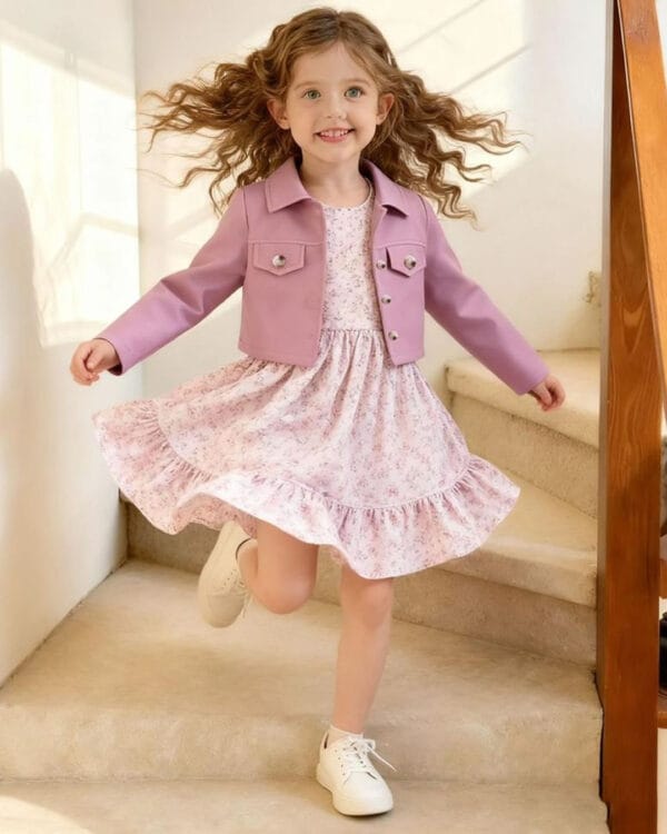 Παιδικό φόρεμα λιλά floral με μπολερό - Image 2