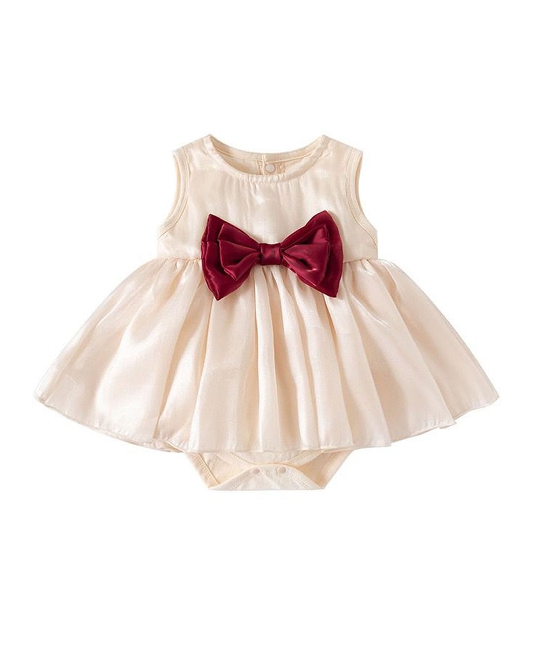 C26-033 Βρεφικό κορμάκι-φόρεμα εκρού σατινέ με βυσσινί φιόγκο - Image 1