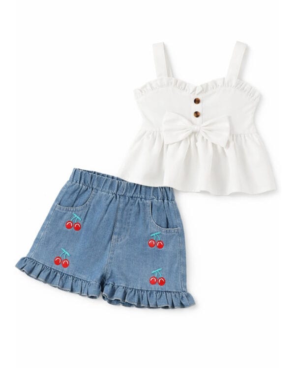 Παιδικό σετ λευκό με τζιν σορτς με Κερασάκια