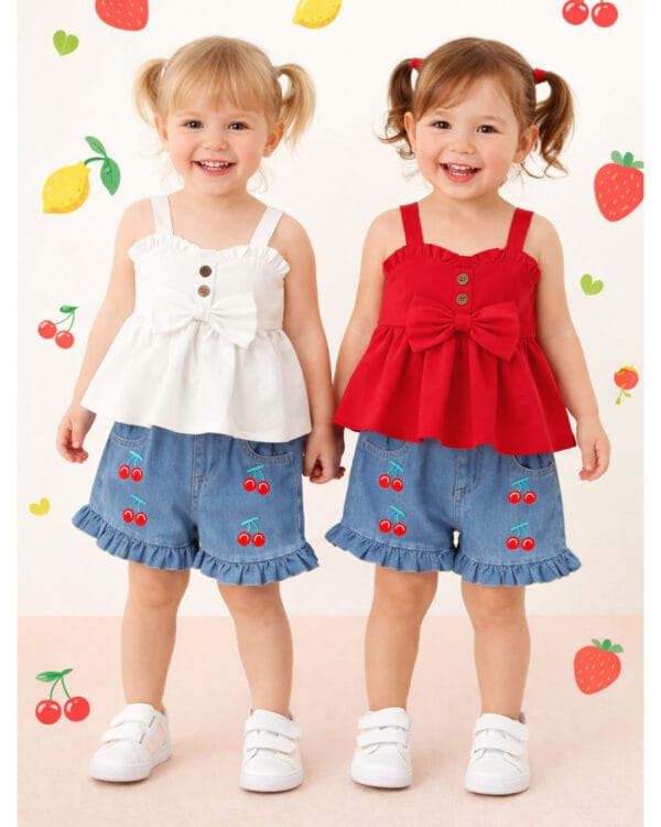 Παιδικό σετ κόκκινο με τζιν σορτς με Κερασάκια - Image 2