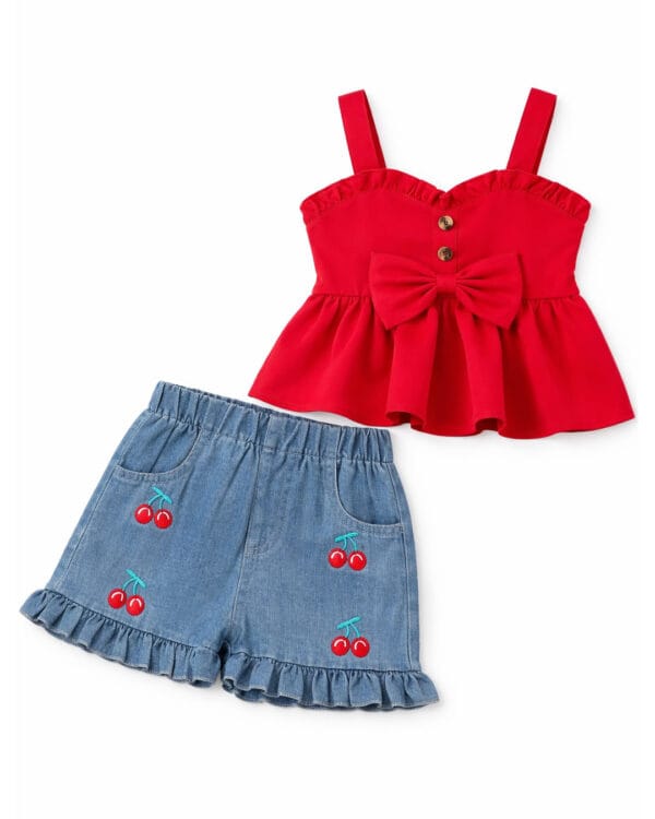 Παιδικό σετ κόκκινο με τζιν σορτς με Κερασάκια