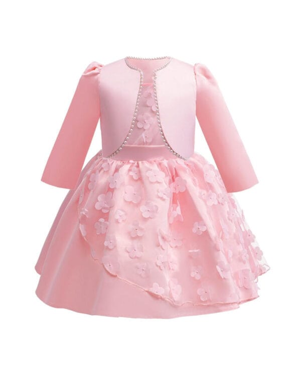 Παιδικό φόρεμα ροζ-σομόν σατινέ με τούλι και μπολερό - Image 4