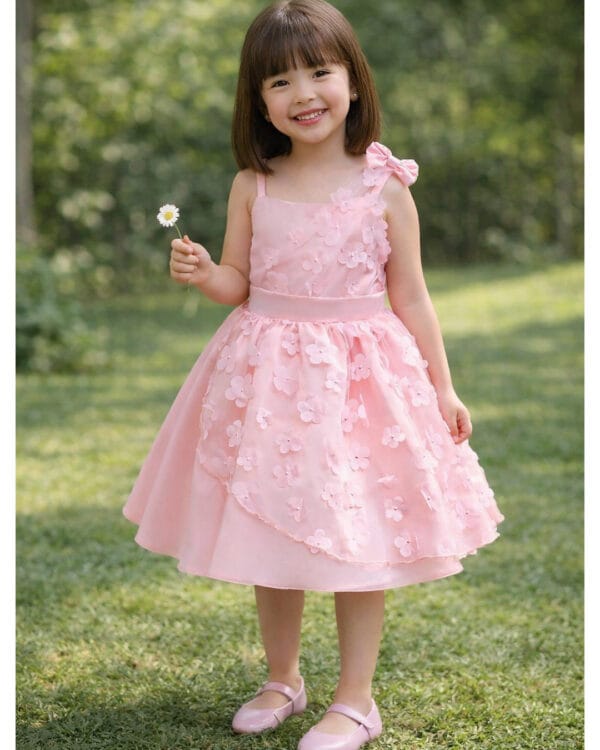 Παιδικό φόρεμα ροζ-σομόν σατινέ με τούλι και μπολερό - Image 2