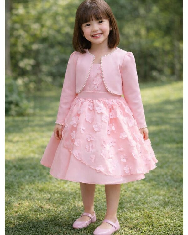 Παιδικό φόρεμα ροζ-σομόν σατινέ με τούλι και μπολερό - Image 3