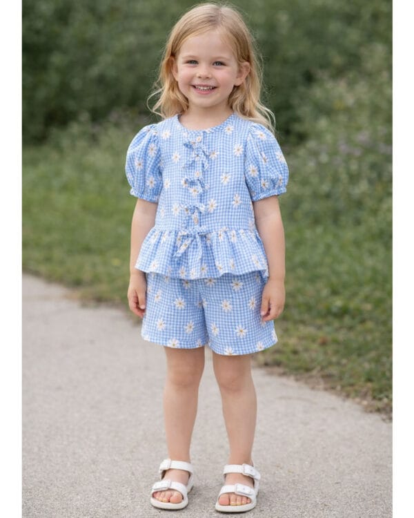 Παιδικό σετ total σιέλ καρό με Μαργαρίτες - Image 2