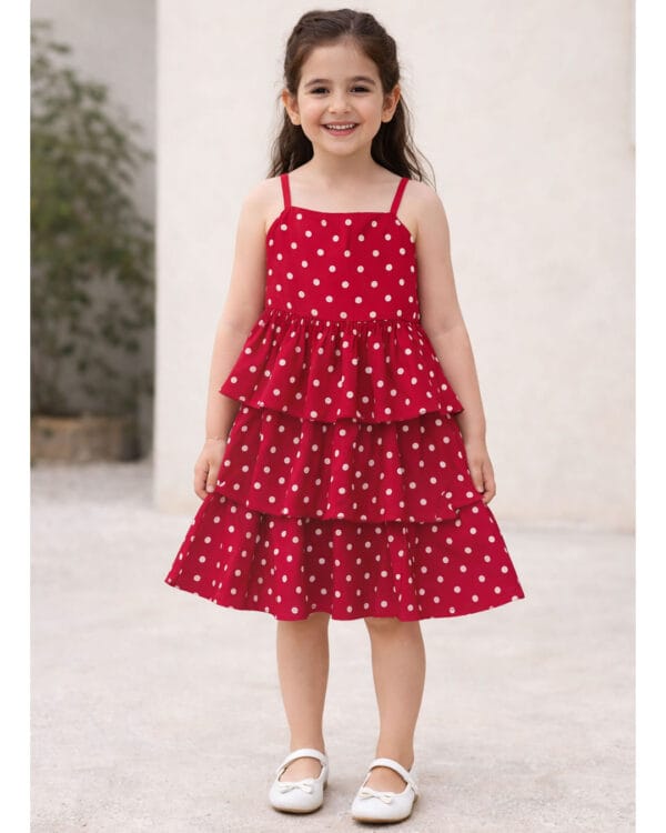 Παιδικό φόρεμα κόκκινο πουά με βολάν - Image 2