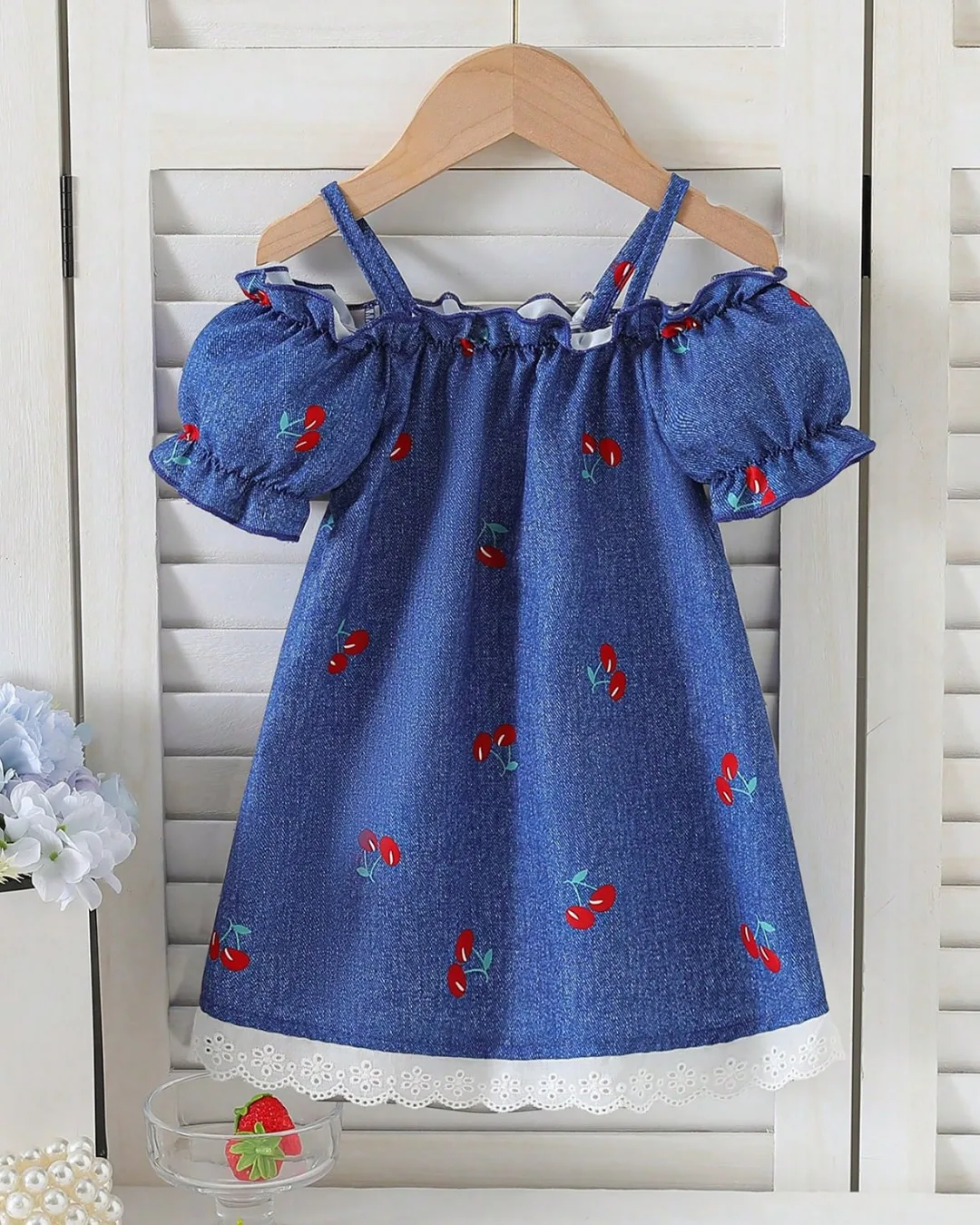 Βρεφικό φόρεμα τύπου τζιν με Κερασάκια - Image 3