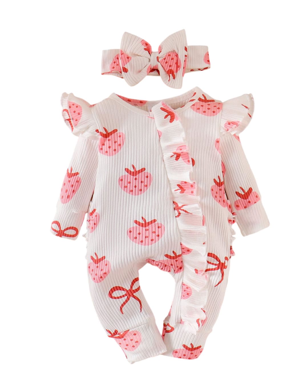 DW-190 Βρεφικό φορμάκι λευκό ριπ με Φράουλες - Image 1