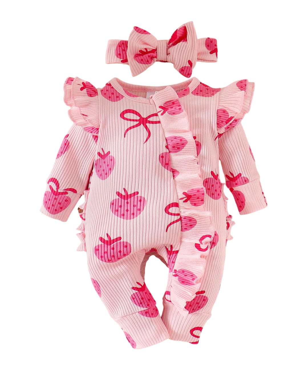 DW-191-1 Βρεφικό φορμάκι ροζ ριπ με Φράουλες - Image 1