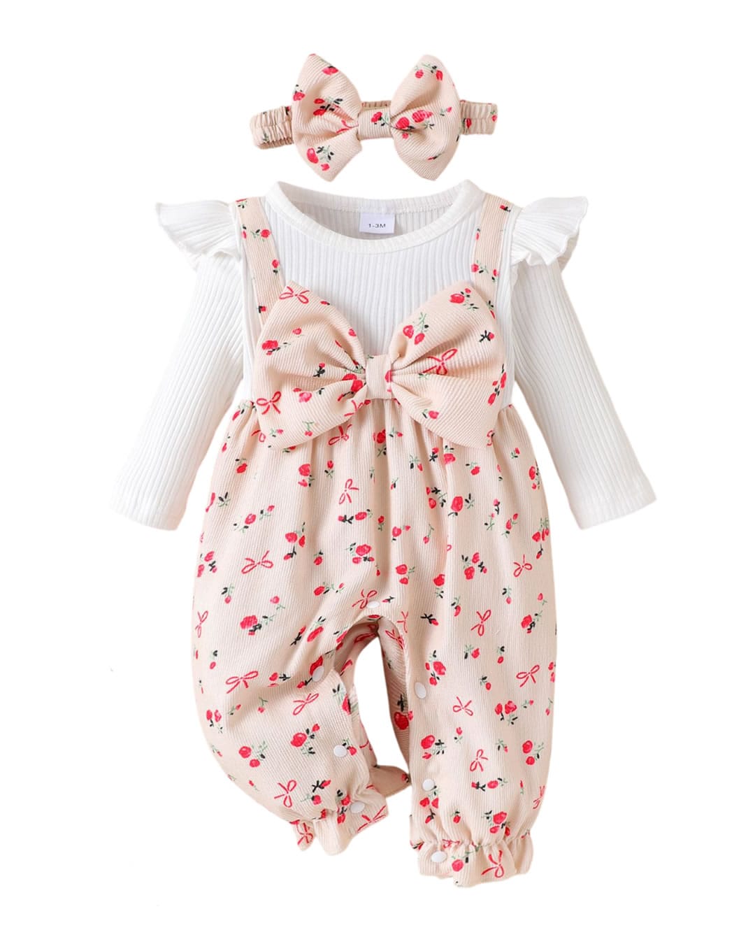 DW-194 Βρεφικό φομράκι λευκό-μπεζ με Λουλουδάκια και κορδέλα - Image 1