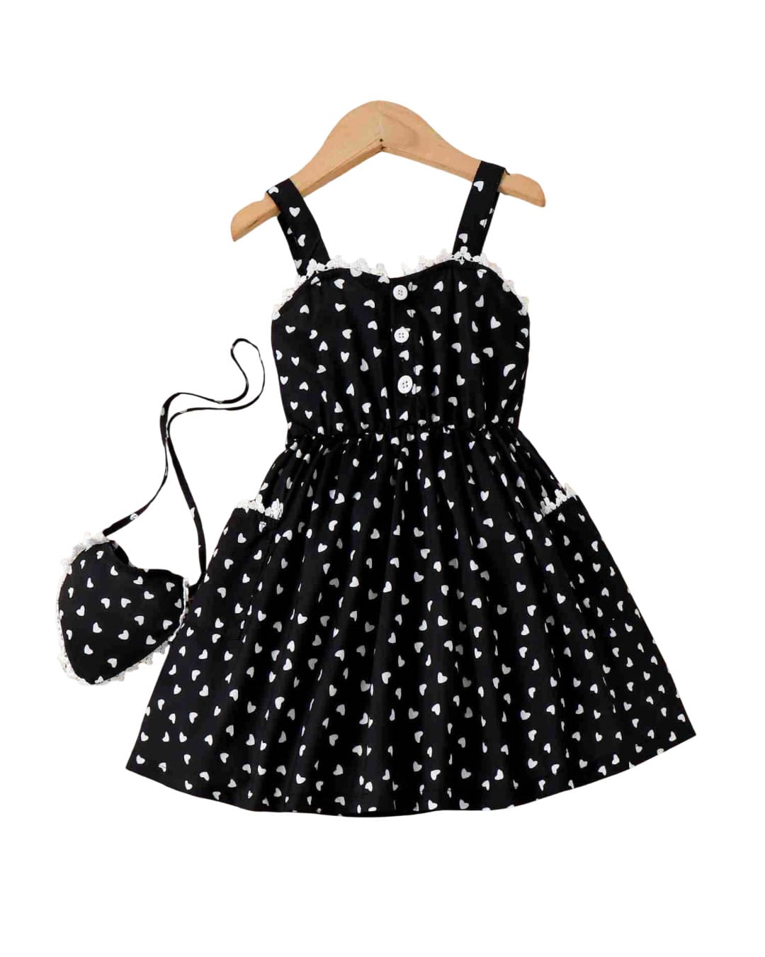 DW-239 Παιδικό φόρεμα μαύρο με Καρδούλες και τσάντα - Image 1