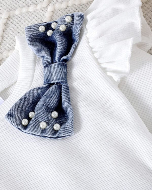 Παιδικό σετ λευκό-τζιν με φούστα με πέρλες - Image 2