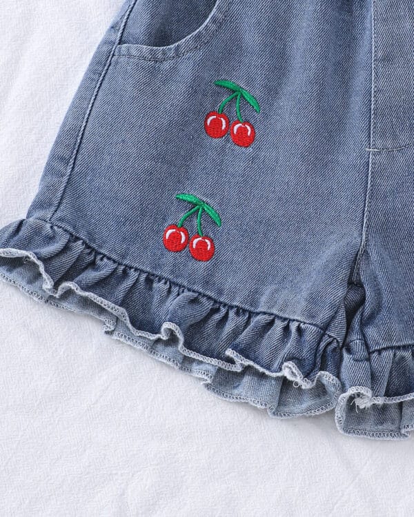 Βρεφικό σετ κόκκινο με τζιν σορτς με Κερασάκια - Image 3