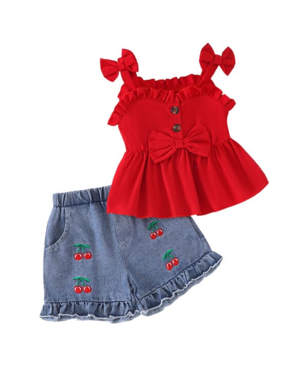 Βρεφικό σετ κόκκινο με τζιν σορτς με Κερασάκια