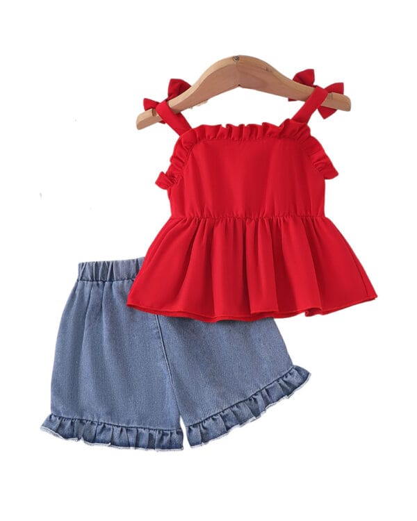 Βρεφικό σετ κόκκινο με τζιν σορτς με Κερασάκια - Image 4