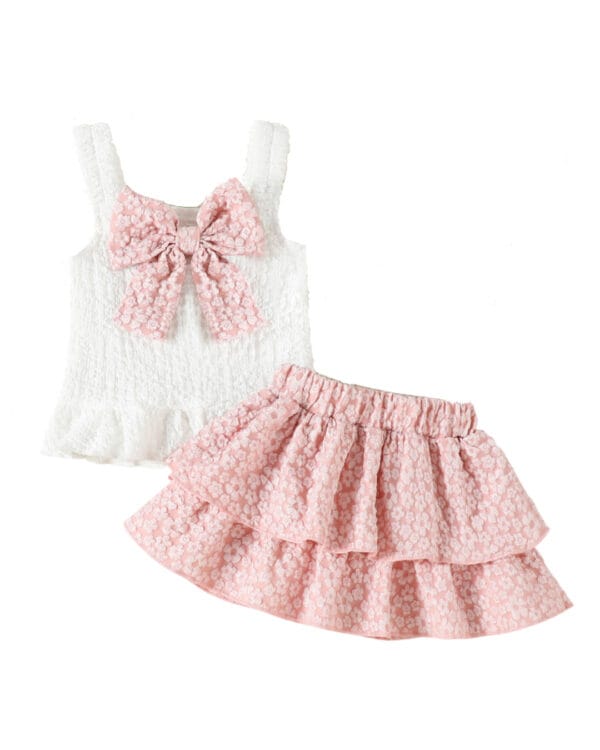 Βρεφικό σετ λευκό-ροζ ανάγλυφο floral με φούστα