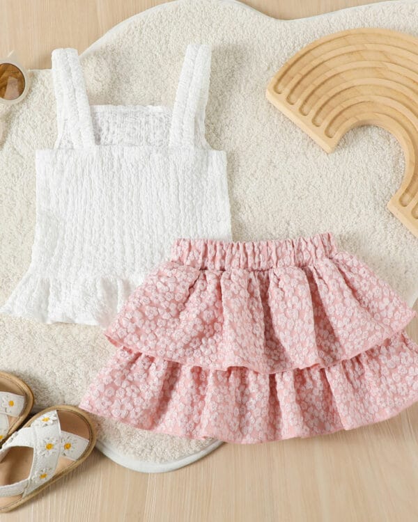 Βρεφικό σετ λευκό-ροζ ανάγλυφο floral με φούστα - Image 4