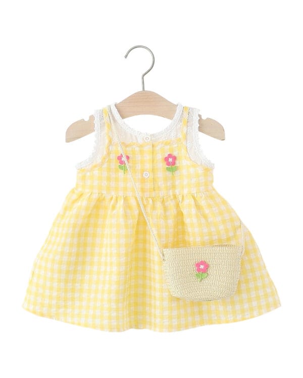 Βρεφικό φόρεμα κίτρινο καρό με τσαντάκι
