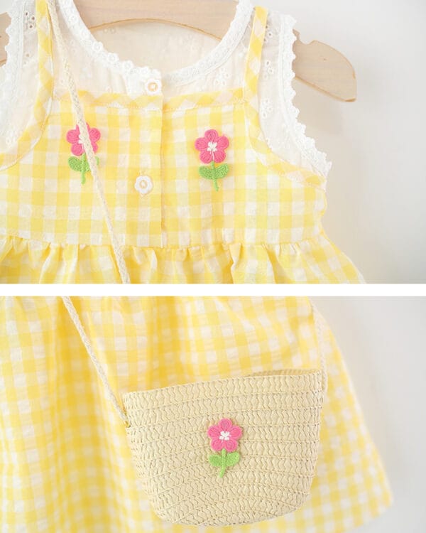 Βρεφικό φόρεμα κίτρινο καρό με τσαντάκι - Image 2