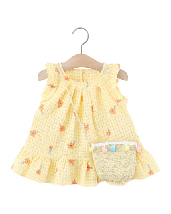 Βρεφικό φόρεμα κίτρινο καρό με λουλουδάκια και τσαντάκι