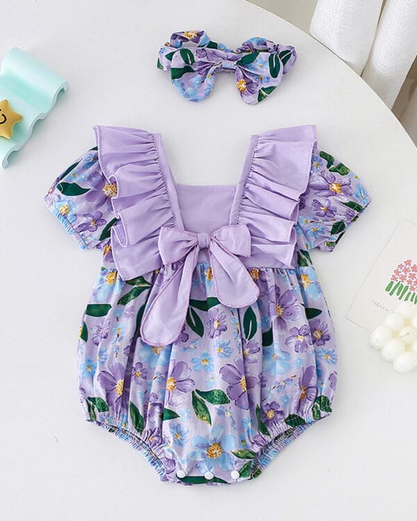 Βρεφικό κορμάκι φιγούρας λιλά-σιέλ floral με κορδέλα - Image 4