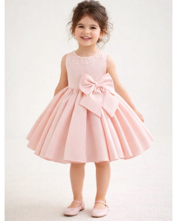 Παιδικό φόρεμα σομόν σατινέ με πέρλες και χάντρες - Image 2