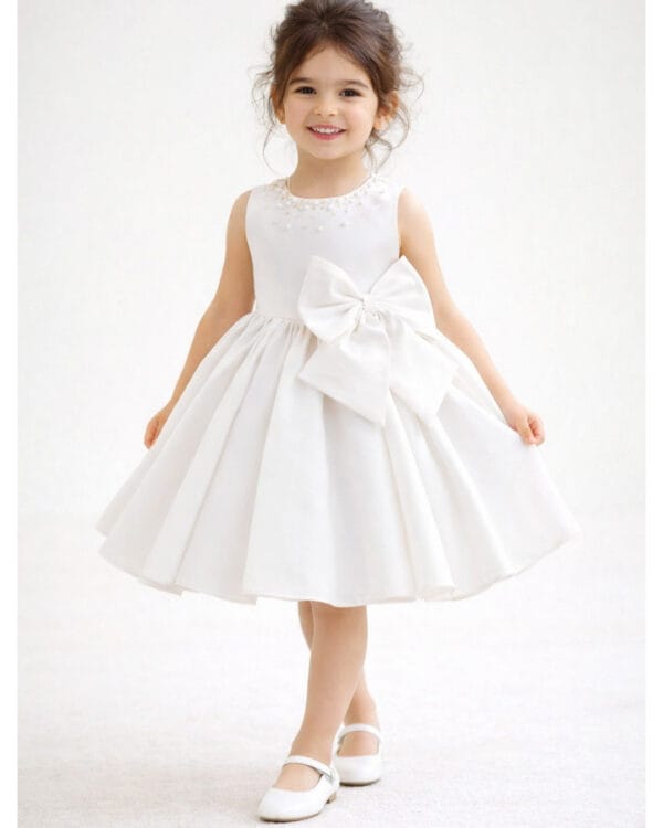 Παιδικό φόρεμα λευκό σατινέ με πέρλες και χάντρες - Image 2