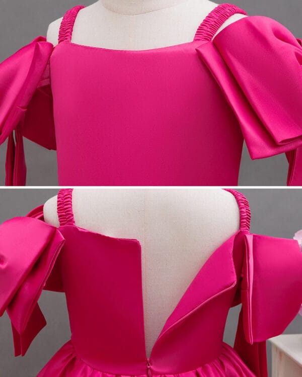 Παιδικό φόρεμα φούξια σατινέ με μεγάλους φιόγκους στους ώμους - Image 3