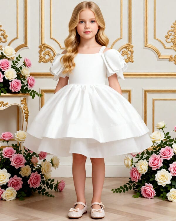 Παιδικό φόρεμα λευκό σατινέ με μεγάλους φιόγκους στους ώμους - Image 2