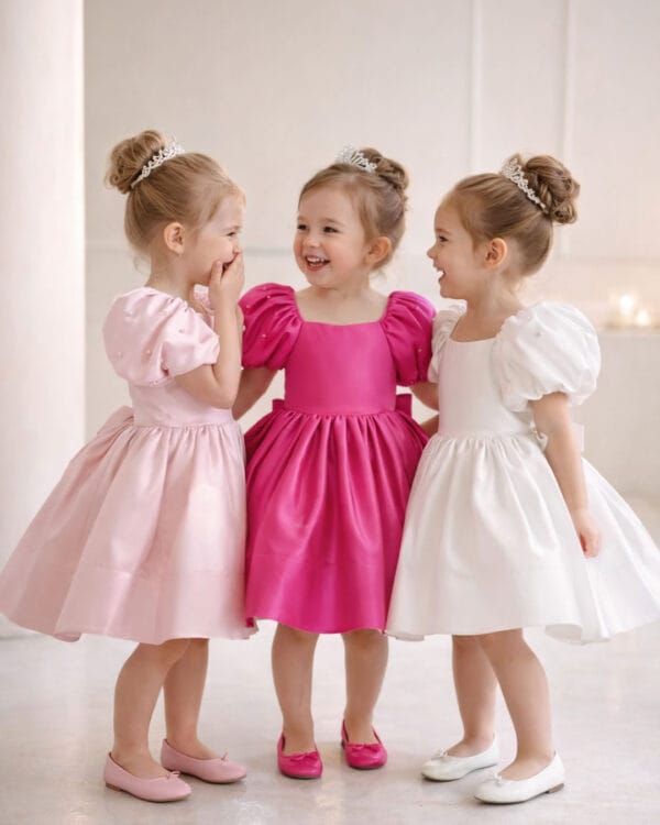 Παιδικό φόρεμα φούξια σατινέ με πέρλες - Image 2