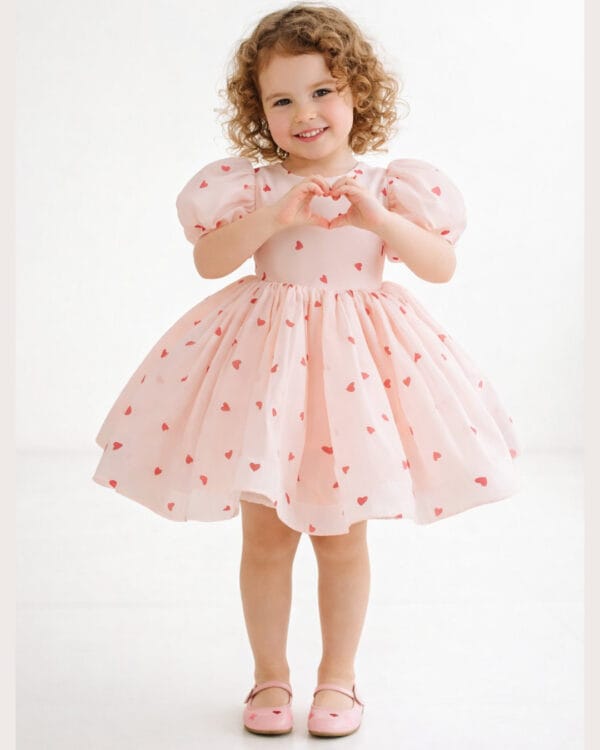 Παιδικό φόρεμα ροζ γυαλιστερό με καρδούλες - Image 2