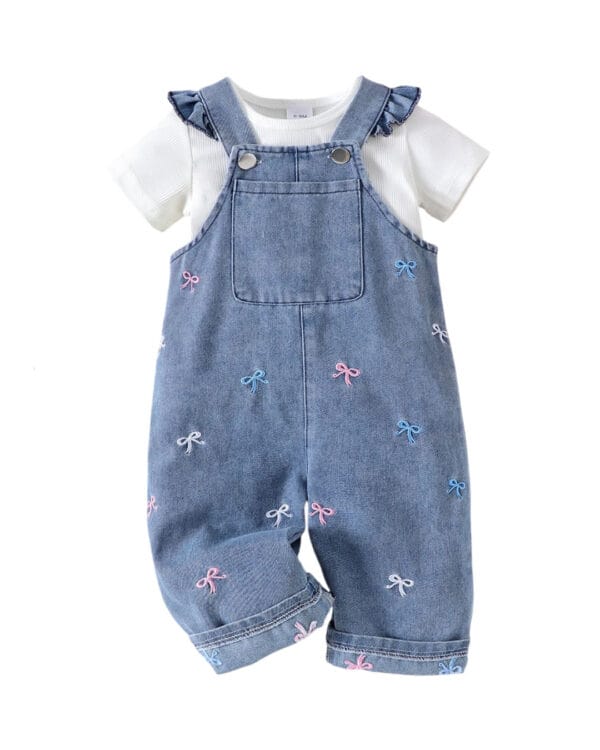 Βρεφικό σετ λευκό-τζιν με σαλοπέτα με φιογκάκια