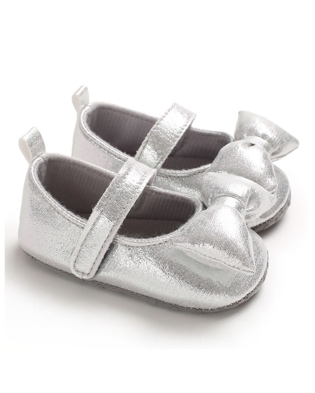 SHOE063B-1 Μπαλαρίνες αγκαλιάς ασημί μεταλιζέ με φουσκωτό φιογκάκι - Image 1