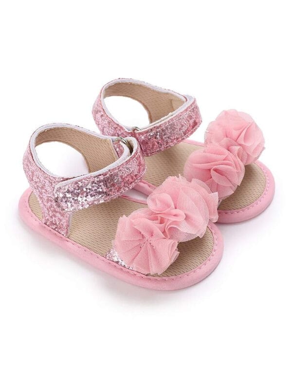 Πέδιλα αγκαλιάς ροζ glitter με 3D λουλούδια