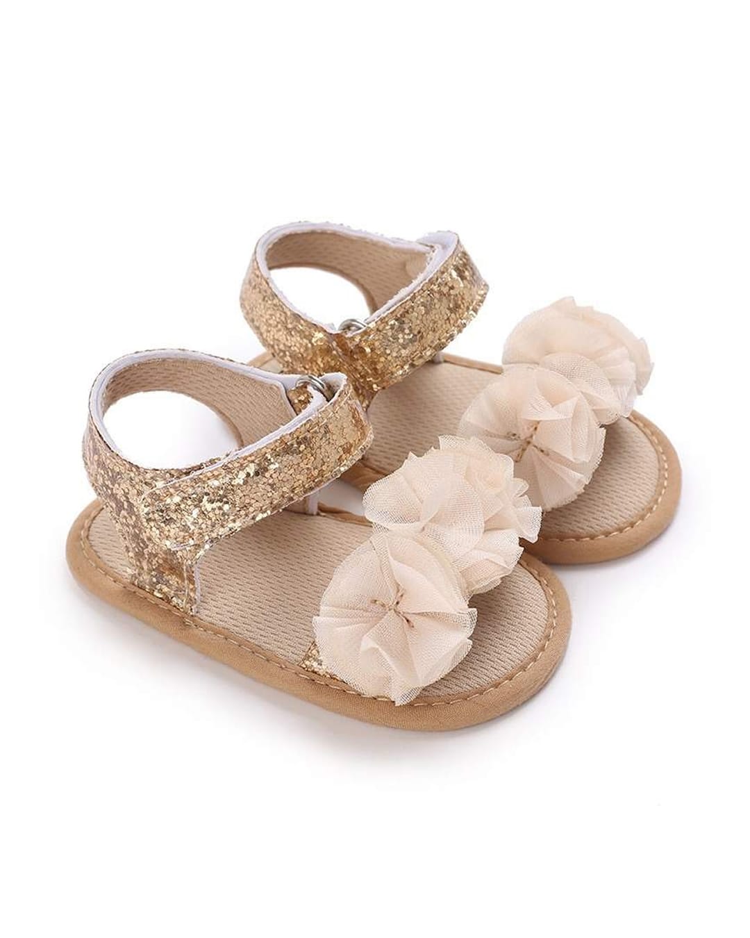 SHOE074B Πέδιλα αγκαλιάς χρυσά glitter με 3D λουλούδια - Image 1