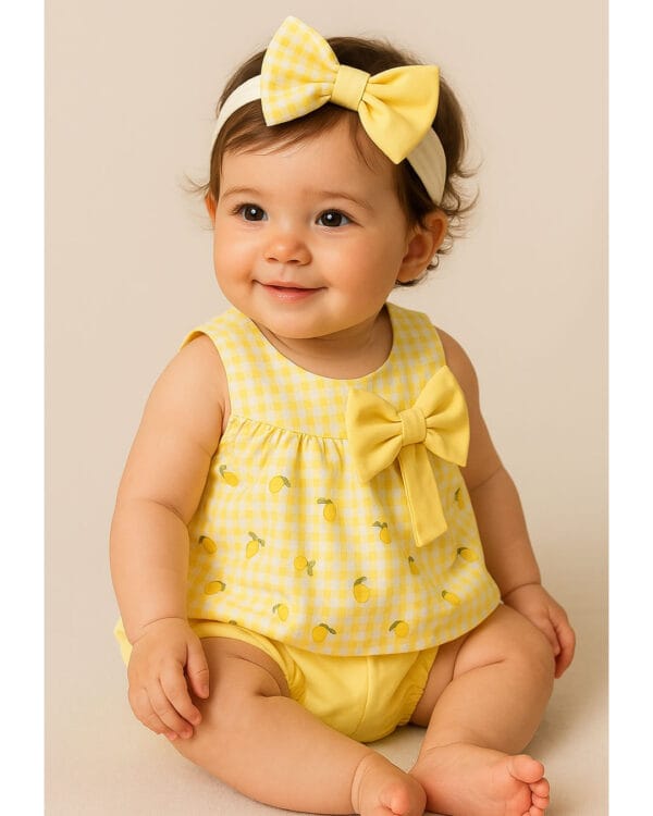 Βρεφικό σετ κίτρινο καρό με φουφούλα - Image 2