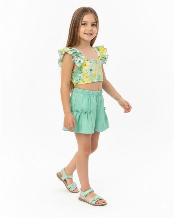Παιδικό σετ κίτρινο-πράσινο floral με σορτς - Image 2