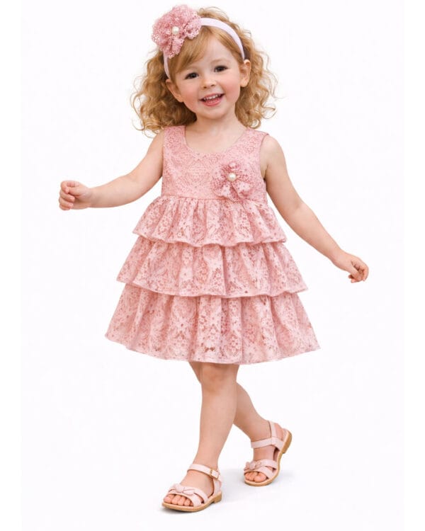 Βρεφικό φόρεμα ροζ δαντελένιο με βολάν - Image 2