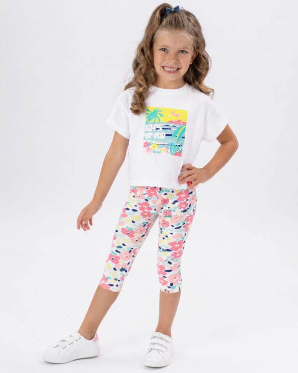 Παιδικό σετ λευκό-floral με κολάν capri - Image 2