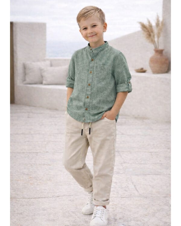 Παιδικό σετ φυστικί-μπεζ με μάο πουκάμισο - Image 2