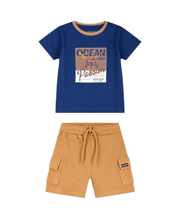 Παιδικό σετ μπλε-καφέ με πικέ cargo σορτς