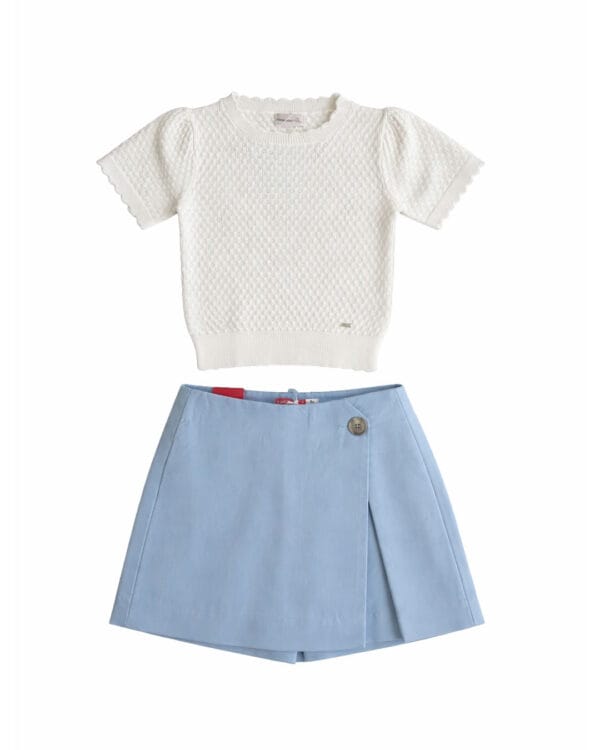 Παιδικό σετ λευκό-σιέλ με σορτς/φούστα