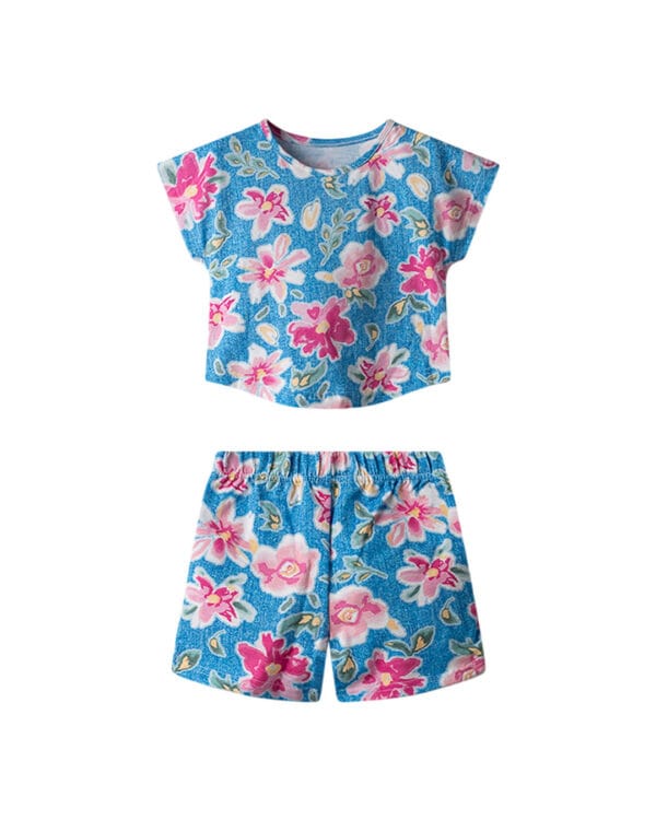 Παιδικό σετ total μπλε-ροζ floral με σορτς