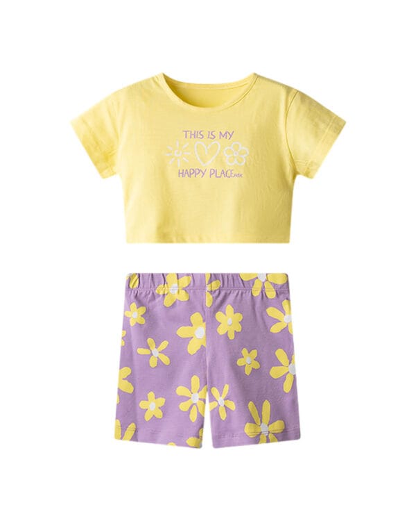 Παιδικό σετ κίτρινο-λιλά με κολάν biker Λουλούδια